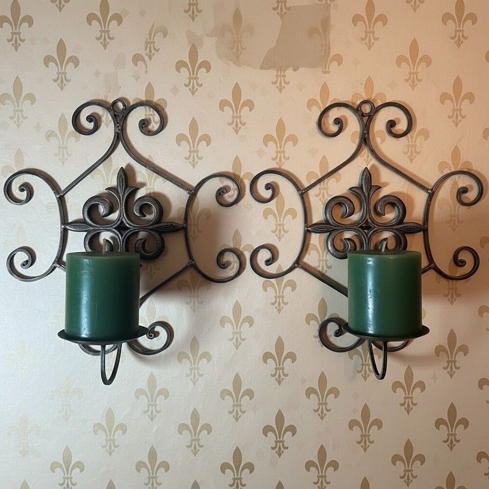 Antique Brass Look Metal Fleur De Lis Wall Candle Sconces Set Scroll Decor